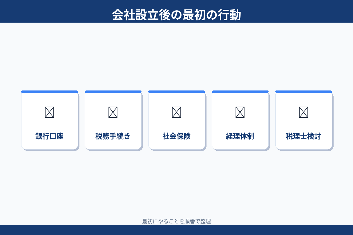 会社設立後の最初の行動 銀行口座 税務手続き 社会保険 経理体制 税理士検討