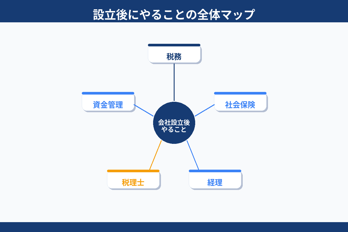 設立後にやることの全体マップ 税務 社会保険 経理 税理士 資金管理